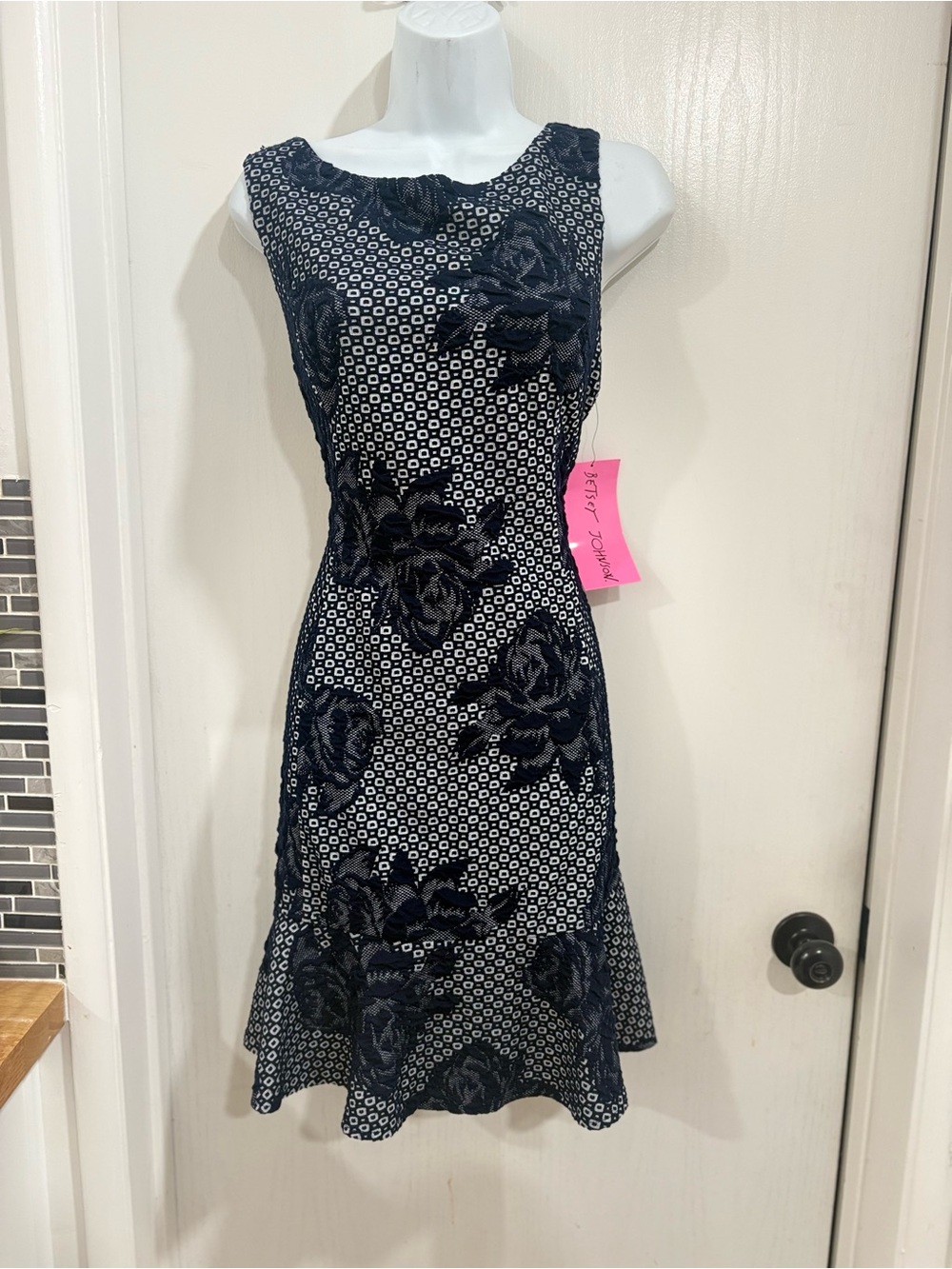 Betsey Johnson Navy & White Floral Jacquard Fit-and-Flare Dress